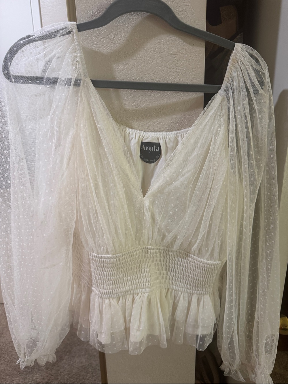 ARULA White Sheer Dotted Swiss Peplum Blouse